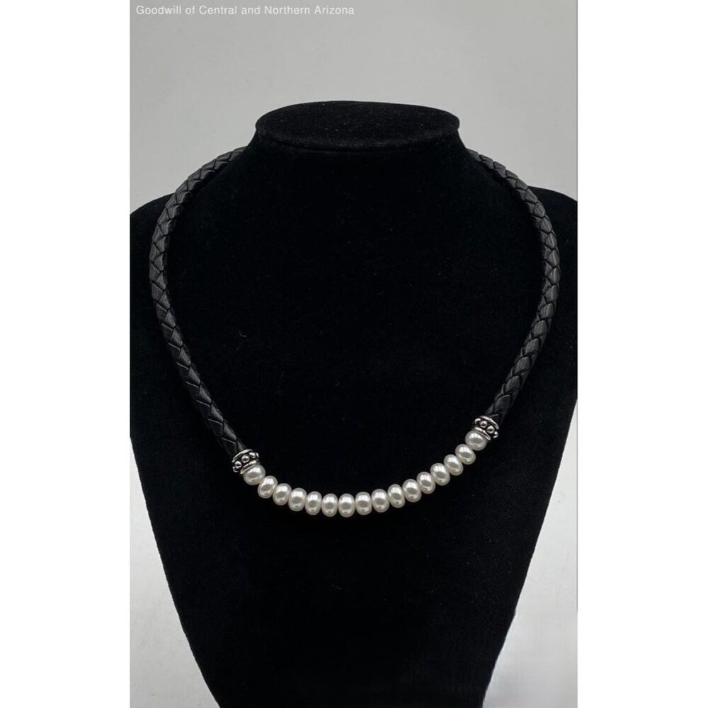 Sterling Silver Pearl Black Braided Leather 16" Necklace 21.22g